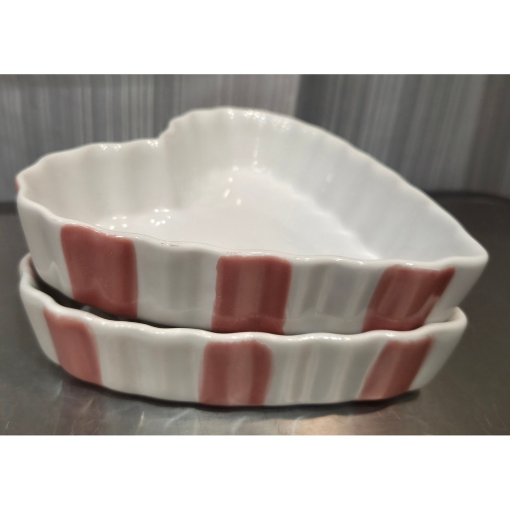Pacific Island Creations Co Heart Ceramic Ramekin Set White Pink Striped Set/2
